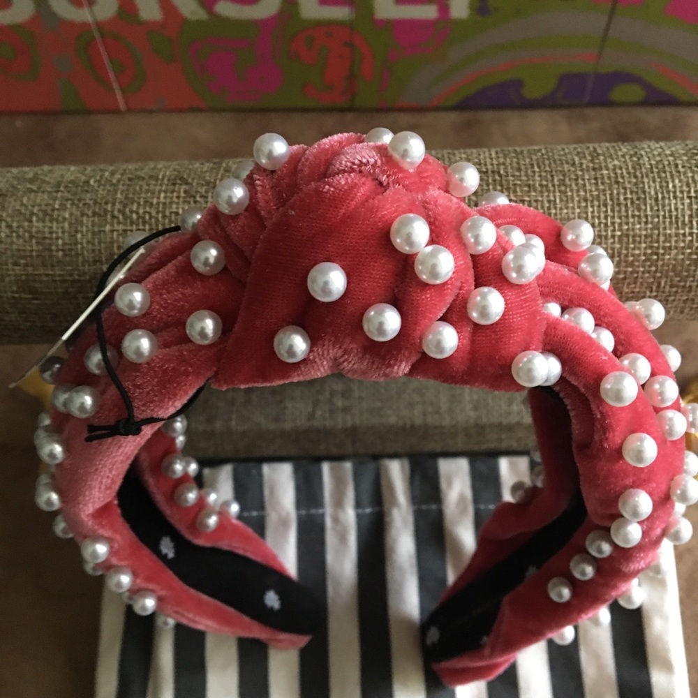 Lele Sadoughi Pink Pearl-Embellished Velvet Headband